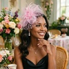 DRESHOW Fascinators Hat Flower Mesh Ribbons Feathers on a Headband and a Clip Tea Party Headwear for Girls and Women(7″ Diameter / Dusty Pink)