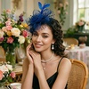 DRESHOW Fascinators Hat Flower Mesh Ribbons Feathers on a Headband and a Clip Tea Party Headwear for Girls and Women(7″ Diameter / Navy & Dark Blue)