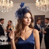 DRESHOW Fascinators Hat Flower Mesh Ribbons Feathers on a Headband and a Clip Tea Party Headwear for Girls and Women(7″ Diameter / Oxford Blue)