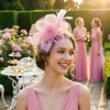 DRESHOW Fascinators Hat Flower Mesh Ribbons Feathers on a Headband and a Clip Tea Party Headwear for Girls and Women(7″ Diameter / Pink)