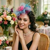 DRESHOW Fascinators Hat Flower Mesh Ribbons Feathers on a Headband and a Clip Tea Party Headwear for Girls and Women(7″ Diameter/ Hot Pink & Teal & Dark Green)