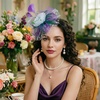 DRESHOW Fascinators Hat Flower Mesh Ribbons Feathers on a Headband and a Clip Tea Party Headwear for Girls and Women(7″ Diameter/ Light Blue & Purple & Grass Green)