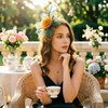 DRESHOW Fascinators Hat Flower Mesh Ribbons Feathers on a Headband and a Clip Tea Party Headwear for Girls and Women(7″ Diameter/ Orange & Dark Green & Teal)