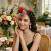 DRESHOW Fascinators Hat Flower Mesh Ribbons Feathers on a Headband and a Clip Tea Party Headwear for Girls and Women(7″ Diameter/ Red & Olive Green & Dark Green)