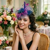DRESHOW Fascinators Hat Flower Mesh Ribbons Feathers on a Headband and a Clip Tea Party Headwear for Girls and Women(7″ Diameter/ Royal Blue & Hot Pink & Dark Green)