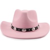 DRESHOW Women Men Classic Felt Wide Brim Western Cowboy & Cowgirl Cap Belt Buckle Retro Panama Hat Unisex Rolled up Caps(1 Pack Style 1: Pink (Hat Circumference: 22-22.8″))