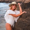 DRESHOW Women Straw Panama Hat Travel Fedora Beach Sun Hat Summer Wide Brim Straw Roll up Hats UPF 50+(Beige Hat With Cream Band a)