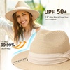 DRESHOW Women Straw Panama Hat Travel Fedora Beach Sun Hat Summer Wide Brim Straw Roll up Hats UPF 50+(Fedora Hat: Beige (Beige Ribbon))