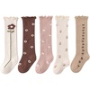 BQUBO Baby Knee High Sock Newborn Toddler Kids Girl Dress Socks Baby Knit Stocking Cotton Infant Bow Socks for 0-7 Years(5 Pairs Floral: Beige  White  Pink  Coffee  Khaki)