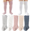 BQUBO Baby Knee High Sock Newborn Toddler Kids Girl Dress Socks Baby Knit Stocking Cotton Infant Bow Socks for 0-7 Years(5 Pairs: White  Cream  Bean Pink  Light Grey  Navy Blue)
