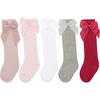 BQUBO Baby Knee High Sock Newborn Toddler Kids Girl Dress Socks Baby Knit Stocking Cotton Infant Bow Socks for 0-7 Years(5 Pairs: Wine  Bean Pink  White  Light Grey  Light Pink)