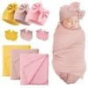 BQUBO Newborn Receiving Blankets Cotton Warm Sleepsack with Mittens & Bow Hats Hospital Baby Swaddling Shower Gift(3 Set Plain: Bow Hat + Mitten + Blanket (B))