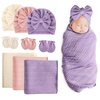 BQUBO Newborn Receiving Blankets Cotton Warm Sleepsack with Mittens & Bow Hats Hospital Baby Swaddling Shower Gift(3 Set Plain: Bow Hat + Mitten + Blanket (G))