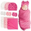 BQUBO Newborn Receiving Blankets Cotton Warm Sleepsack with Mittens & Bow Hats Hospital Baby Swaddling Shower Gift(3 Set Plain: Bow Hat + Mitten + Blanket (H))