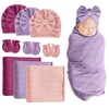 BQUBO Newborn Receiving Blankets Cotton Warm Sleepsack with Mittens & Bow Hats Hospital Baby Swaddling Shower Gift(3 Set Plain: Bow Hat + Mitten + Blanket (M))