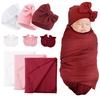 BQUBO Newborn Receiving Blankets Cotton Warm Sleepsack with Mittens & Bow Hats Hospital Baby Swaddling Shower Gift(3 Set Plain: Bow Hat + Mitten + Blanket (C))