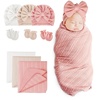 BQUBO Newborn Receiving Blankets Cotton Warm Sleepsack with Mittens & Bow Hats Hospital Baby Swaddling Shower Gift(3 Set Plain: Bow Hat + Mitten + Blanket (L))