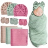 BQUBO Newborn Receiving Blankets Cotton Warm Sleepsack with Mittens & Bow Hats Hospital Baby Swaddling Shower Gift(3 Set Plain: Bow Hat + Mitten + Blanket (I))