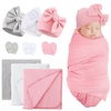 BQUBO Newborn Receiving Blankets Cotton Warm Sleepsack with Mittens & Bow Hats Hospital Baby Swaddling Shower Gift(3 Set Plain: Hats + Mittens + Blankets)