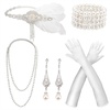 DRESHOW 1920s Great Gatsby Accessories for Women Flapper Headpiece Headband Gloves Costume Harlem Nights Accessories Set(5 Pcs Set: White & Silver)