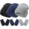 DRESHOW BQUBO 3 Pack Baby Beanies Toddler Kids Winter Hats Soft Knit Hat for Baby Boys Girls Warm Cap Beanies(3 Sets Knit Hat & Mittens: Light Grey  Navy Blue  Black)