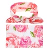 DRESHOW BQUBO Newborn Receiving Blanket with Bow Hat Set Flower Print Baby Swaddle Blankets with Beanie Nursery Swaddle Wrap 3 Sets(1 Set Big Flower Pink With Headband)