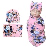 DRESHOW BQUBO Newborn Receiving Blanket with Bow Hat Set Flower Print Baby Swaddle Blankets with Beanie Nursery Swaddle Wrap 3 Sets(1 Set Printed Baby Gifts: Bow Hat + Blanket (Classic Pink))