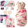 3 Floral Sets: Blanket + Bow Hat + Mittens + Birth Announcement Card D