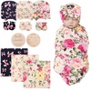 3 Floral Sets: Blanket + Bow Hat + Mittens + Birth Announcement Card a