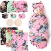 3 Floral Sets: Blanket + Bow Hat + Mittens + Birth Announcement Card F