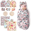 3 Floral Sets: Blanket + Bow Hat + Mittens + Birth Announcement Card G