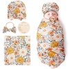Floral Patterned A: Birth Announcement Card + Hat + Elastic Headband + Blanket