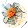 DRESHOW Fascinators Hat Flower Mesh Ribbons Feathers on a Headband and a Clip Tea Party Headwear for Girls and Women(7″ Diameter/ Orange & Dark Green & Teal)