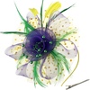 DRESHOW Fascinators Hat Flower Mesh Ribbons Feathers on a Headband and a Clip Tea Party Headwear for Girls and Women(7″ Diameter/ Purple Yellow Green)