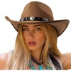 DRESHOW Women Men Classic Felt Wide Brim Western Cowboy & Cowgirl Cap Belt Buckle Retro Panama Hat Unisex Rolled up Caps(1 Pack Style 1: Brown (Hat Circumference: 22-22.8″))