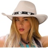 DRESHOW Women Men Classic Felt Wide Brim Western Cowboy & Cowgirl Cap Belt Buckle Retro Panama Hat Unisex Rolled up Caps(Beige With Black Hatband(circumference: 22-22.8″))