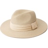 DRESHOW Women Straw Panama Hat Travel Fedora Beach Sun Hat Summer Wide Brim Straw Roll up Hats UPF 50+(Beige Hat With Cream Band a)