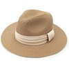 DRESHOW Women Straw Panama Hat Travel Fedora Beach Sun Hat Summer Wide Brim Straw Roll up Hats UPF 50+(Khaki Hat With Cream Band)