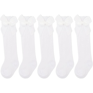 BQUBO Baby Knee High Sock Newborn Toddler Kids Girl Dress Socks Baby Knit Stocking Cotton Infant Bow Socks for 0-7 Years(5 Pairs: Plain White)