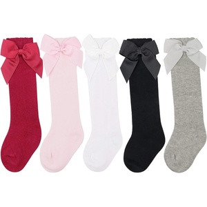 BQUBO Baby Knee High Sock Newborn Toddler Kids Girl Dress Socks Baby Knit Stocking Cotton Infant Bow Socks for 0-7 Years(5 Pairs: Red  Pink  White  Black  Grey)