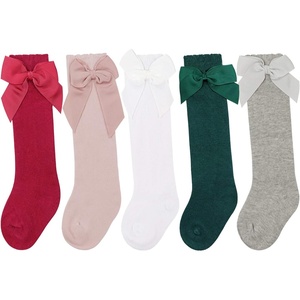 BQUBO Baby Knee High Sock Newborn Toddler Kids Girl Dress Socks Baby Knit Stocking Cotton Infant Bow Socks for 0-7 Years(5 Pairs: Red  White  Green  Grey  Pink)