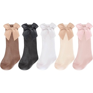 BQUBO Baby Knee High Sock Newborn Toddler Kids Girl Dress Socks Baby Knit Stocking Cotton Infant Bow Socks for 0-7 Years(5 Pairs: White  Pink  Beige  Brown  Black)