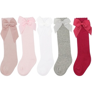 BQUBO Baby Knee High Sock Newborn Toddler Kids Girl Dress Socks Baby Knit Stocking Cotton Infant Bow Socks for 0-7 Years(5 Pairs: Wine  Bean Pink  White  Light Grey  Light Pink)