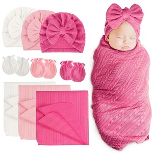 BQUBO Newborn Receiving Blankets Cotton Warm Sleepsack with Mittens & Bow Hats Hospital Baby Swaddling Shower Gift(3 Set Plain: Bow Hat + Mitten + Blanket (H))