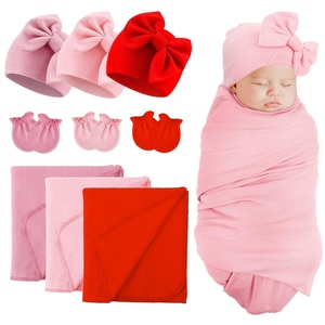 BQUBO Newborn Receiving Blankets Cotton Warm Sleepsack with Mittens & Bow Hats Hospital Baby Swaddling Shower Gift(3 Set Plain: Bow Hat + Mitten + Blanket (K))