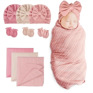 BQUBO Newborn Receiving Blankets Cotton Warm Sleepsack with Mittens & Bow Hats Hospital Baby Swaddling Shower Gift(3 Set Plain: Bow Hat + Mitten + Blanket (J))