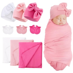 BQUBO Newborn Receiving Blankets Cotton Warm Sleepsack with Mittens & Bow Hats Hospital Baby Swaddling Shower Gift(3 Set Plain: Bow Hat + Mitten + Blanket (F))