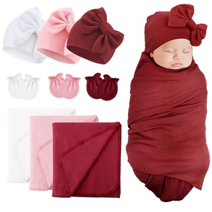 BQUBO Newborn Receiving Blankets Cotton Warm Sleepsack with Mittens & Bow Hats Hospital Baby Swaddling Shower Gift(3 Set Plain: Bow Hat + Mitten + Blanket (C))