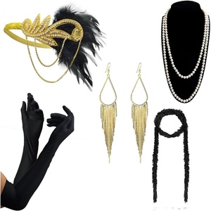 DRESHOW 1920s Great Gatsby Accessories for Women Flapper Headpiece Headband Gloves Costume Harlem Nights Accessories Set(1920s Gatsby Black  Gold Fringe Earrings Set)