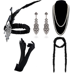 DRESHOW 1920s Great Gatsby Accessories for Women Flapper Headpiece Headband Gloves Costume Harlem Nights Accessories Set(1920s Gatsby Black  Silver Long Feather Set)